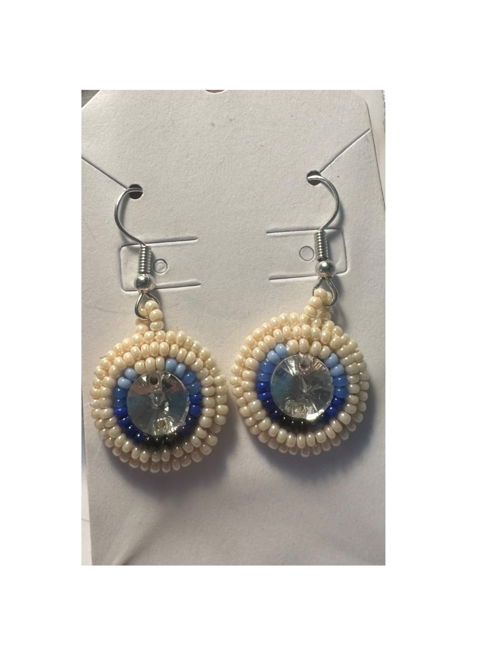 Handmade Cream and Blue Beaded Drop Earrings